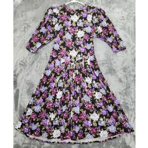Vintage 80s Paquette Too! Dress Womens 12 Black Purple Floral Crop Sleeve Midi